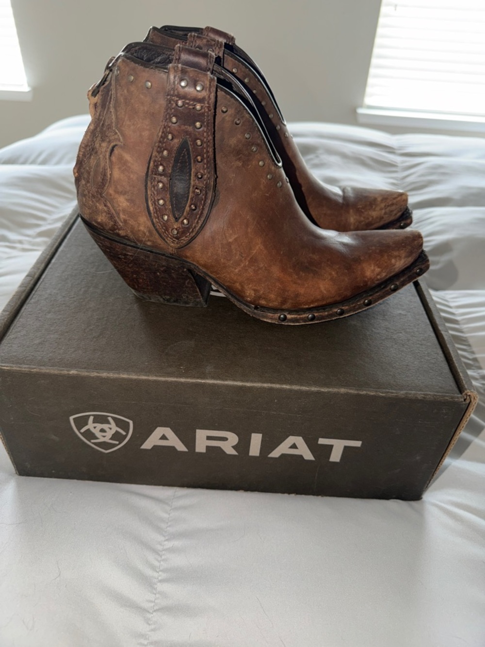 Ariat Distressed Brown Leather Studded Western Ankle Boots